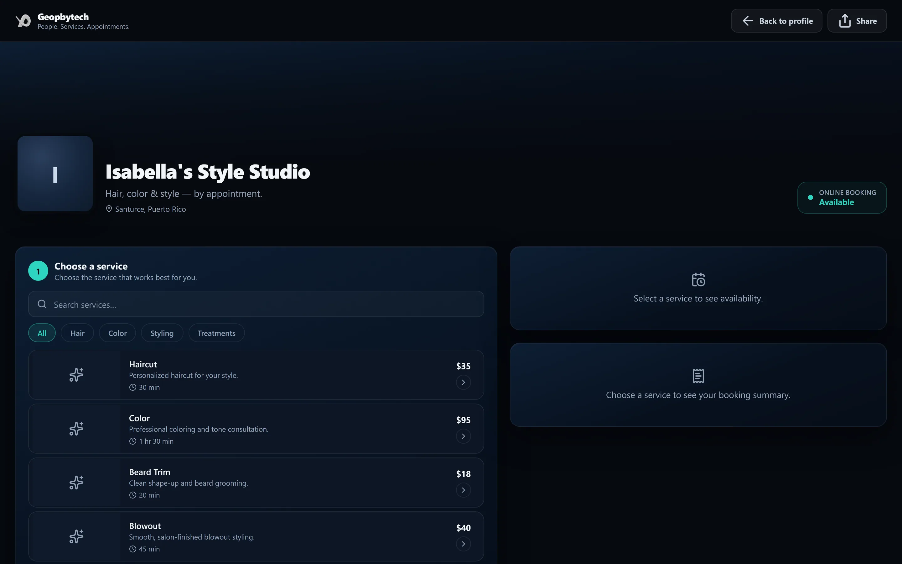 A public booking page, shown with sample content: the first step, Choose a service, with a search box, category filters and the start of a list of services.